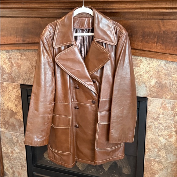 Vintage brown leather jacket coat statement lapel and stitching size 42 1970s - Picture 5 of 17
